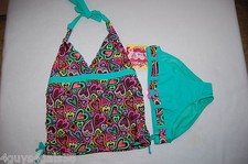 Girls Swimsuit 2 PC TANKINI SET Cinched TEAL MINT GREEN Multi Color Hearts 12