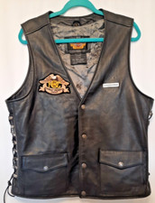 VTG Harley-Davidson Leather Vest w/patches Large Black Lined Logo Snaps Pockets