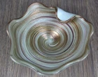 Vintage Murano art glass scalloped bowl, gold swirl cased in white, ashtray