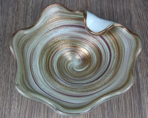 Vintage Murano art glass scalloped bowl, gold swirl cased in white, ashtray