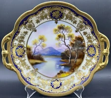VINTAGE JAPANESE SCENIC GOLD RAISED MORIAGE SWAN RIVER SHALLOW BOWL COBALT BLUE