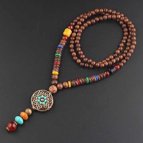 1pc Nepal Long Buddhist Wood Beaded Pendant Necklace Ethnic Buddha Lucky Jewelry - Picture 30 of 33