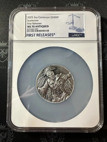 2025 Cameroon 2 oz Silver Antiqued NGC MS 70 Scarecrow 1st Release Glow in Dark
