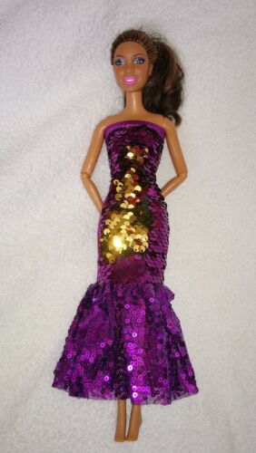 Barbie Puppen Kleid Pailletten Lila Gold Prinzessin Glitzer Abend Ballkleid K15 - Afbeelding 1 van 5