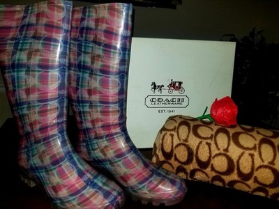 Coach Pixy Poppy Beach Plaid Rain Boots - Silver Multi - US 9 M