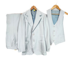 Vintage 70s Disco Leisure Suit 3 Piece Polyester Kramer Mr Roper Prom Blue