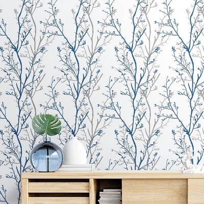 Mecpar Gray Blue Tree Branches Peel and Stick Wallpaper 17.71'' x 590'' Natural...
