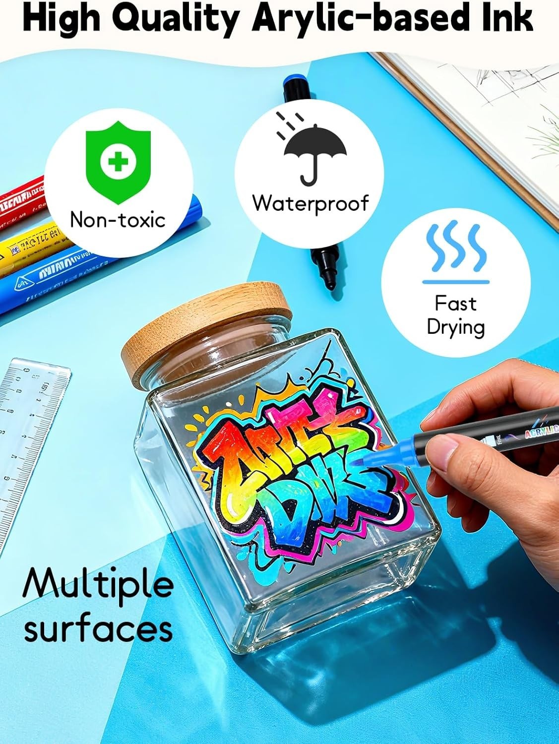 Acrylic Paint Marker Pens Set Brush/Fine Dual Tip Permanent Waterproof Opaque