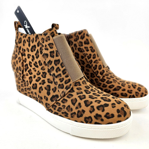 Women's 9 Leapord Print Platform Shoes 3 in Heel Zipper Ankle Brown Sneakers