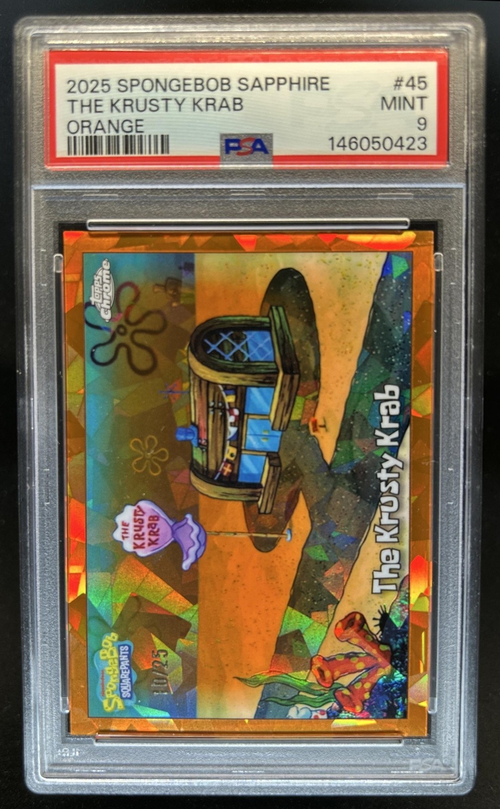 2025 Topps Chrome SpongeBob Sapphire The Krusty Krab Orange #/25 PSA 9