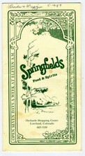 Springfields Food & Spirits Menus Loveland Colorado 1980's