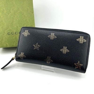 GUCCI Long Wallet Animalier Bee Star Leder Schwarz Sehr Gut