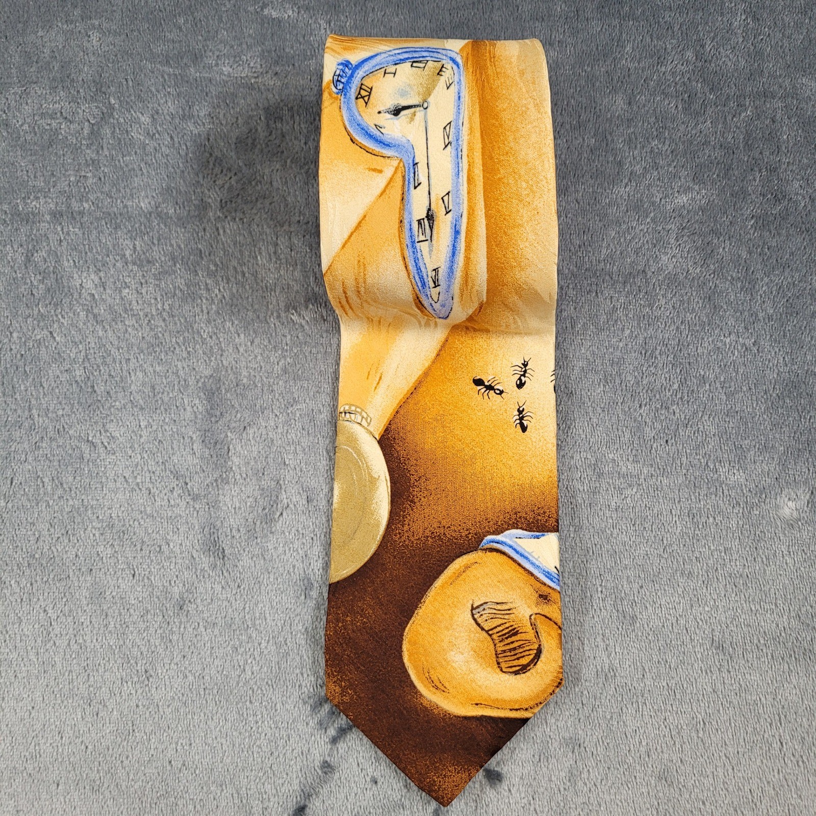 Vintage 1991 Ralph Marlin Salvador Dali Time Warp Silk Tie Melting Clocks Gold