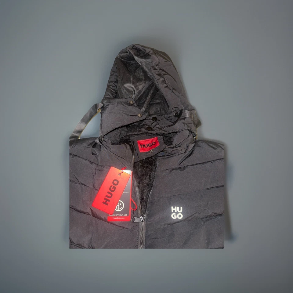 Chaqueta acolchada con capucha Hugo Boss talla XL negra para hombre cremallera completa abrigo de invierno NUEVO Foto 4 de 4