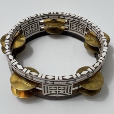 Vtg Inlaid Wood Bone Tambourine 8in Brass Jingles Handmade Folk Ethnic Hippie