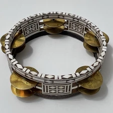 Vtg Inlaid Wood Bone Tambourine 8in Brass Jingles Handmade Folk Ethnic Hippie