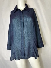 Renfrew Button Down Top Women Large Purple Sheer Green Lined Quarter Sleeve