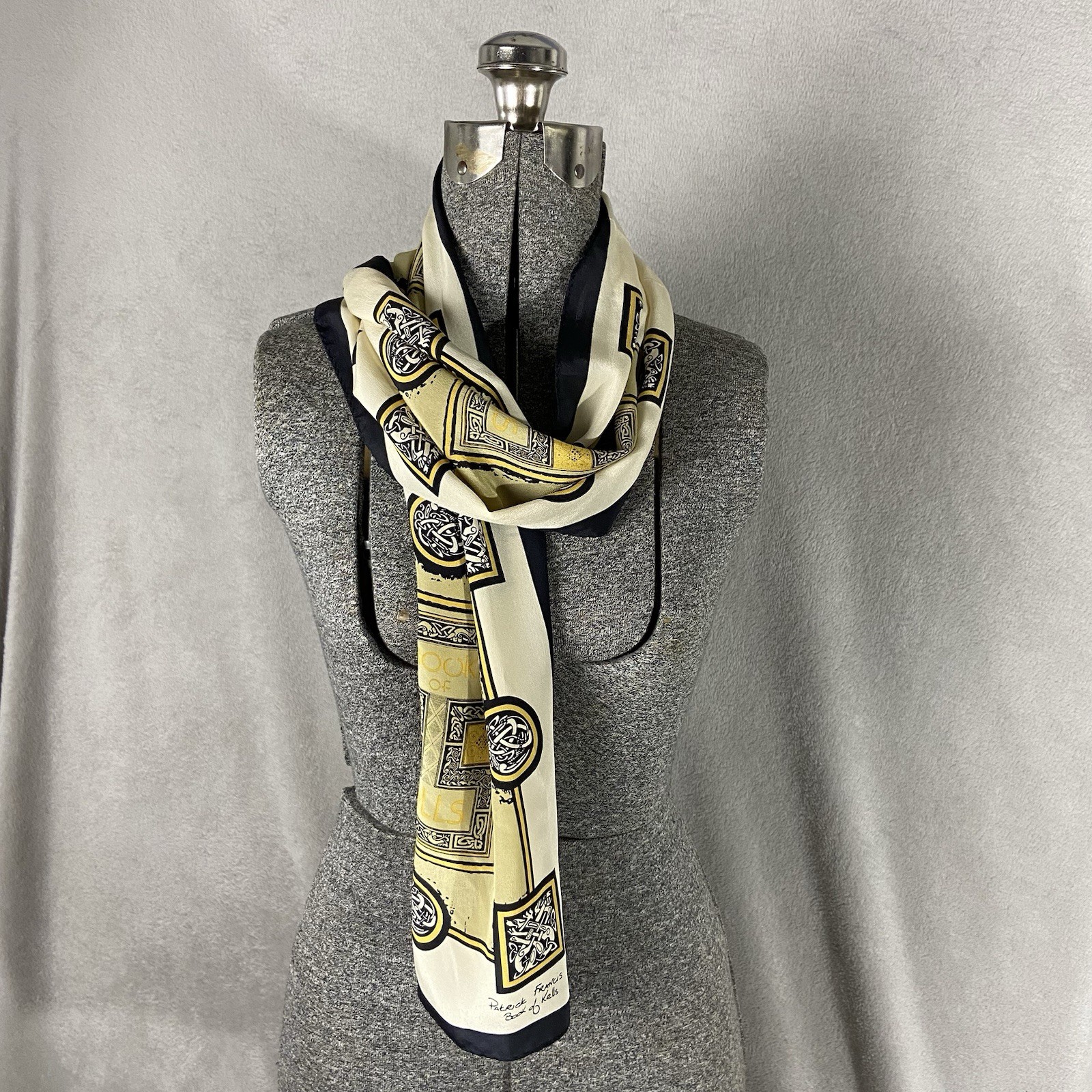 Book Of Kells 100% Silk Scarf Celtic By Patrick Francis Black Yellow Insular Art