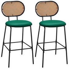 Set of 2 Bar Stools Dining Counter Height Chair Padded Seat With Rattan Backrest