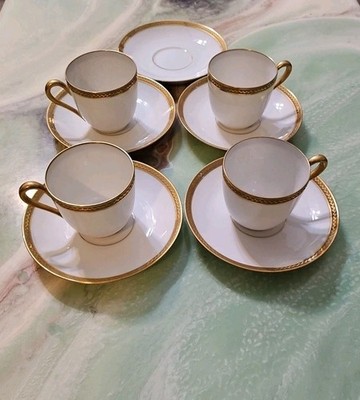 Limoges France Jean Boyer Gold Encrusted Set Of 4 Demitasse Cups & Saucers