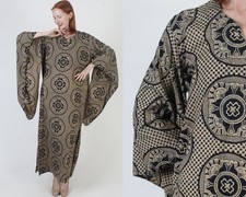 Vintage India Batik Kaftano Kimono Maniche Angelo Lungo Etnico Medaglione Abito Caftano