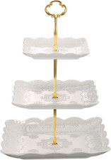 3 Tier Porcelain Cupcake Stand, Tiered Serving Cake Stand, Square White Embossed