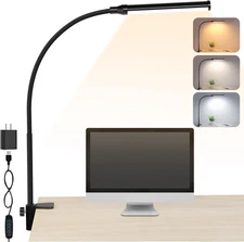 LED Desk Lamp With Clamp Eye-Caring Flexible USB Clip Light 3 Color Modes Black