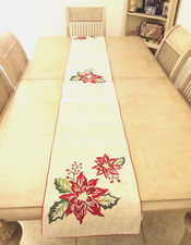 Christmas Table Runner Embroidered Poinsettia Berries 88" x 13.5" Fully Lined