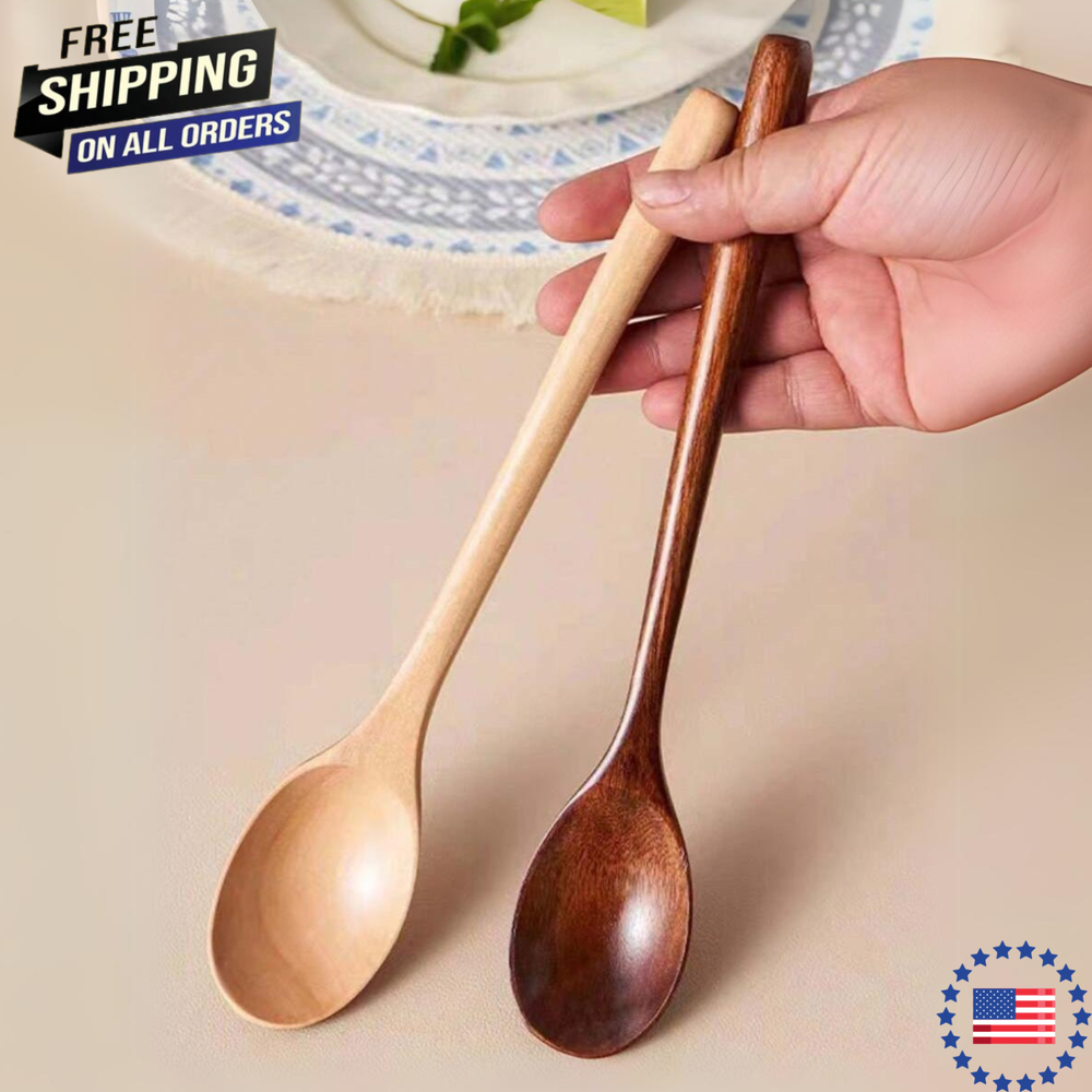 2pcs Wooden Spoons with Long Handles - Perfect for Stirring & Eating Porridge