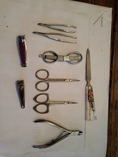Lot of 9 Vintage Cuticle Scissors Schnefel Bros. Curved Pointed, Nippers, file