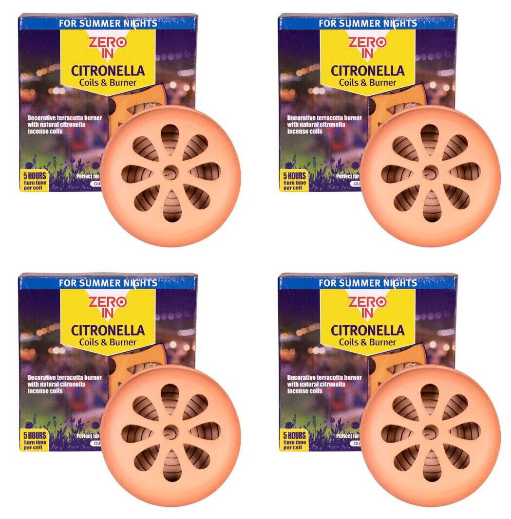 4x Zero In Citronella Terracotta Outdoor Garden BBQ Patio Burner and 6 Coil Pack