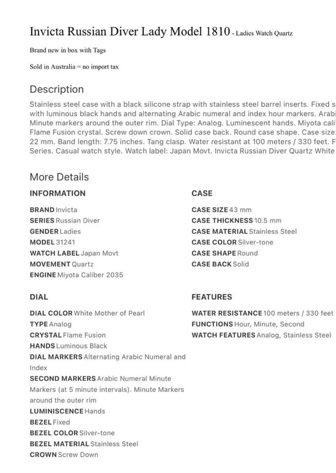 Reloj de buceo ruso Invicta para mujer - 1810 Foto 3 de 4