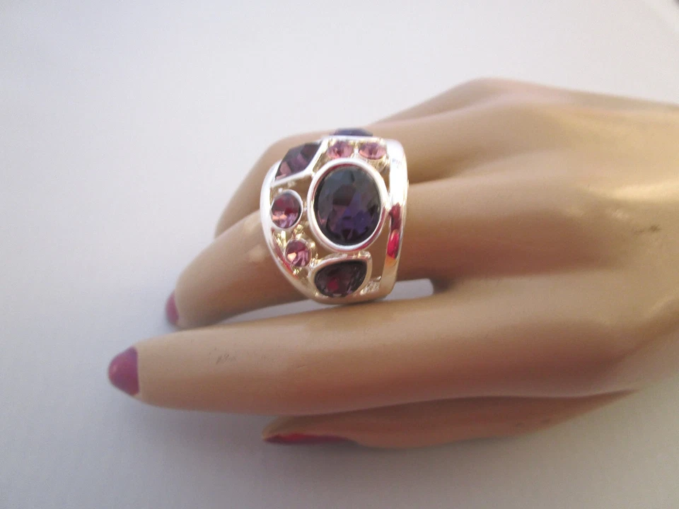 Cocktail Ring Fingerring Damenring Stretchring Silber Lila Rosa Strass Alu Trend - Bild 3 von 4