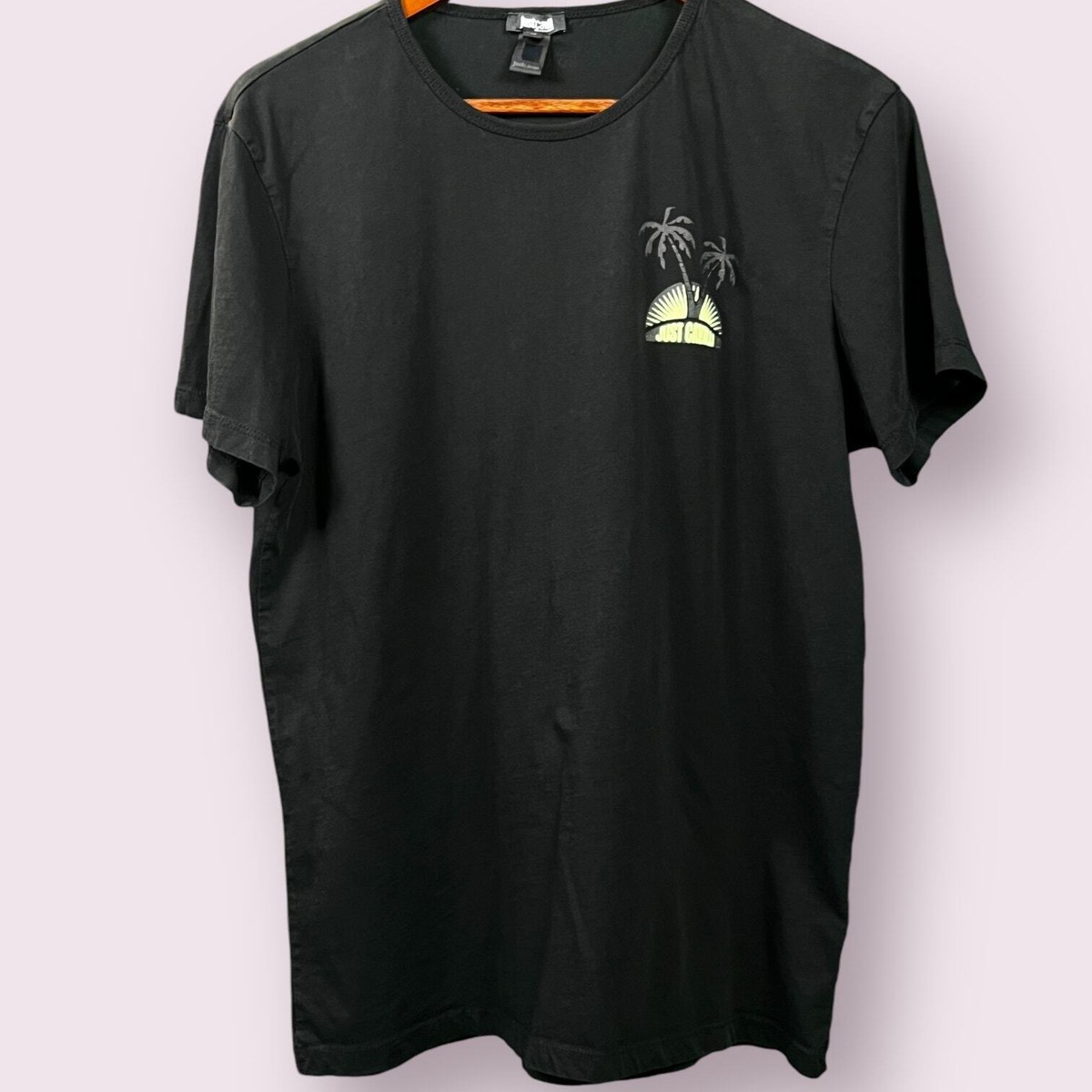 Men's Just Cavalli Beachwear Logo T-Shirt Palm Trees Black
