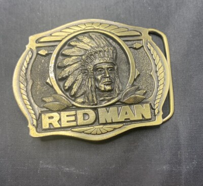 tobacco belt buckles Vintage Red Man Chewing Buckle  america's Best Chew Solid Brass  BTS Made in USA thread it through belt loops on tailored pants for an unexpected twist on evening wear Tobacco Cigarette Dip Chew Vintage