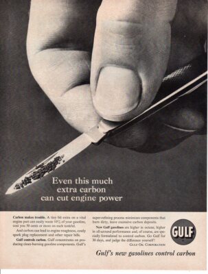 Vintage advertising print Gas Oil GULF Hand carbon Even this Much KNIFE 1961 ad