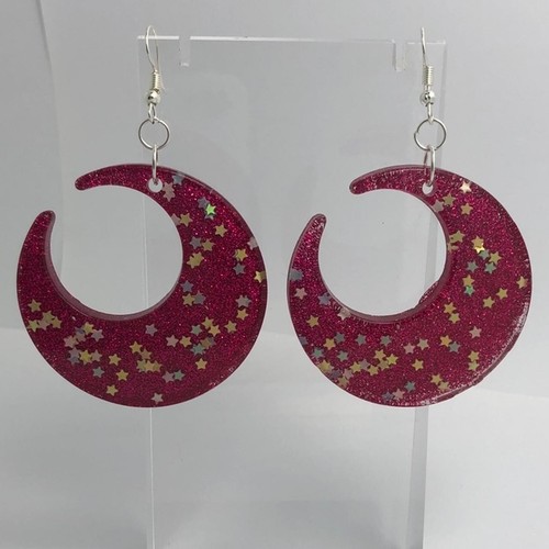 Large crescent moon earrings, Star Glitte , Acrylic Earrings - Picture 10 of 60