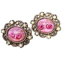 Coventry Vintage Clip On Earrings Pink Rose Flower Gold Tone Costume Jewelry