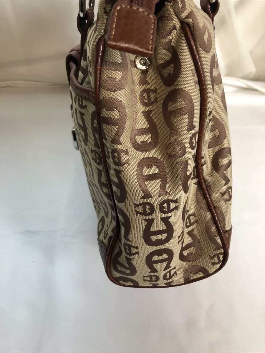 Etienne Aigner Tan Brown Logo Fabric Leather Bag Purse Etienne Aigner Tan Brown Logo Fabric Leather Bag Purse