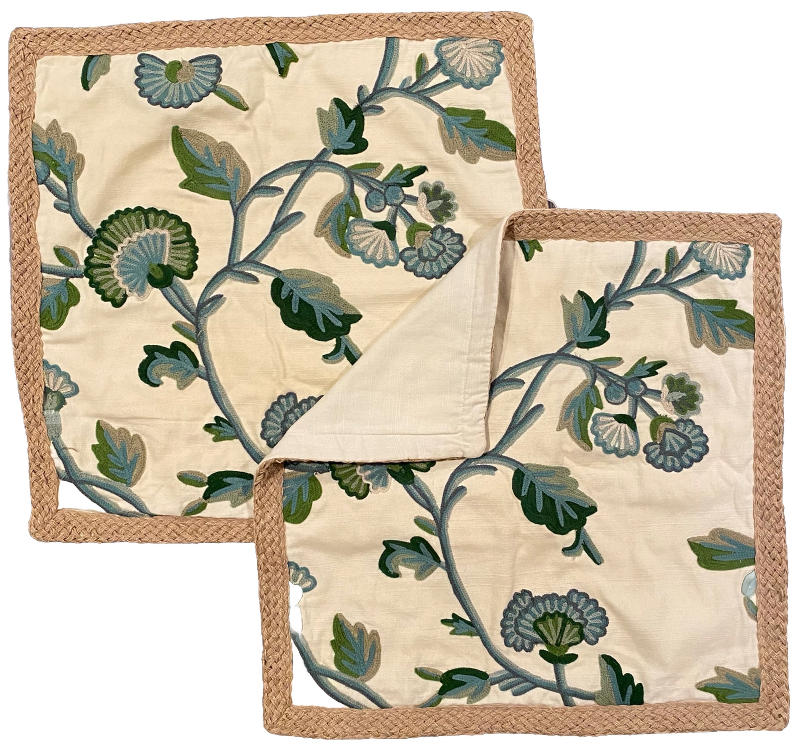 POTTERY BARN Anese Crewel Floral Pillow Cover(s) 20"x20" Blue Green