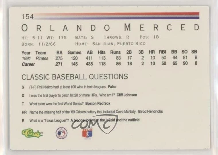 1992 Classic Orlando Merced #154 - Image 2 of 2