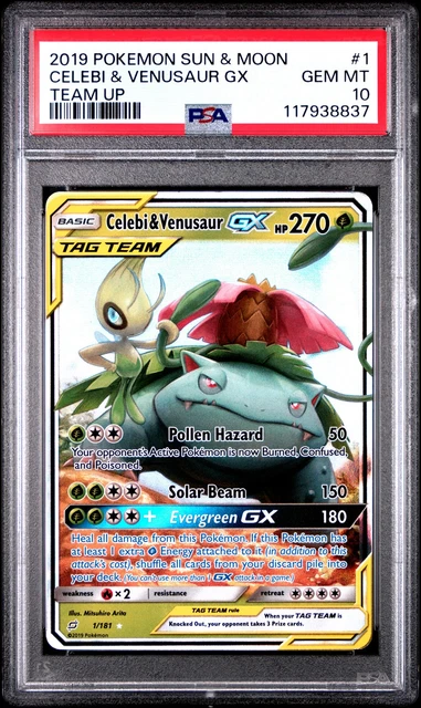 2019 POKEMON SUN & MOON TEAM UP #1 CELEBI & VENUSAUR GX PSA 10