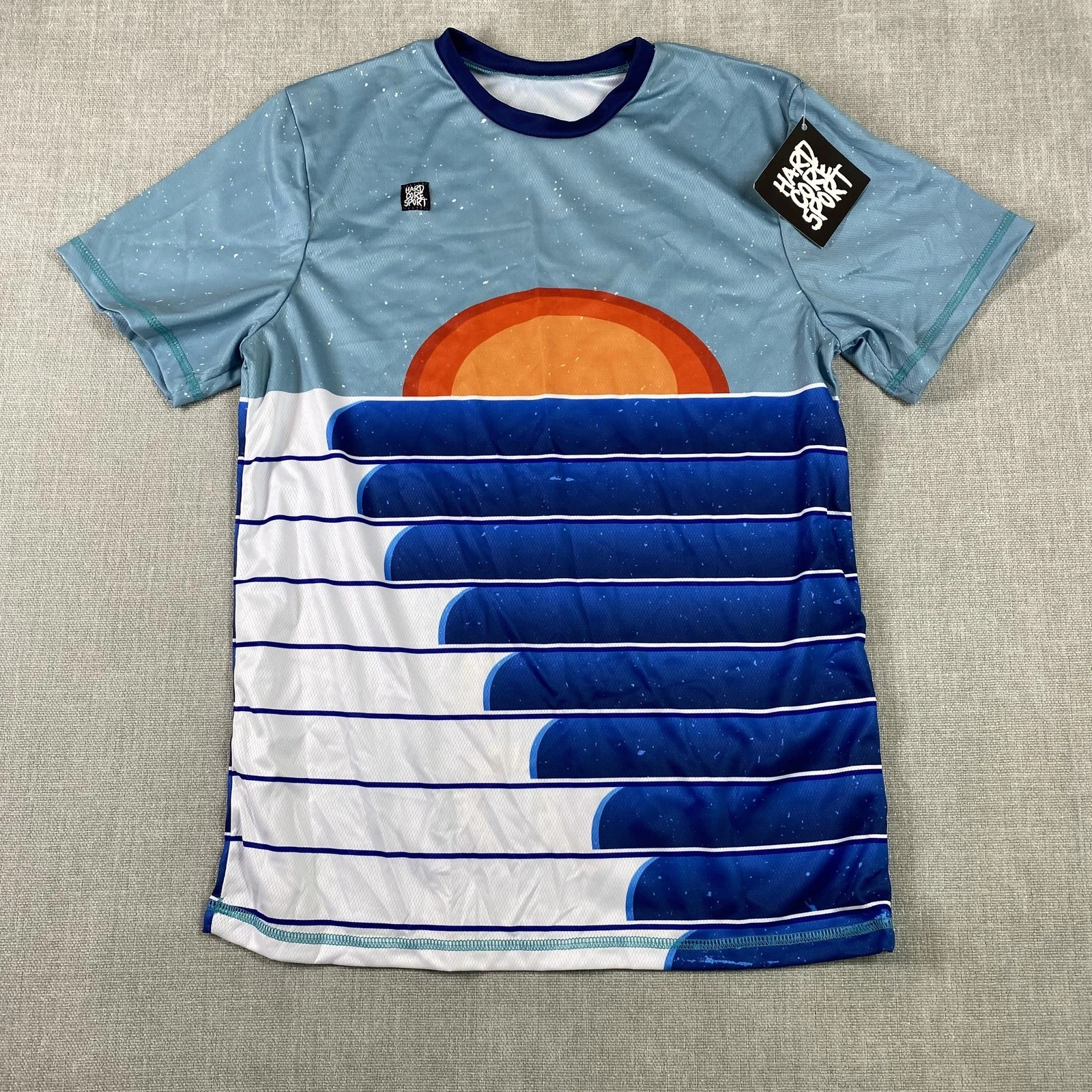 Hardcore Sport Shirt Mens Medium Blue Sunset Waves Graphic Performance Tee Surf