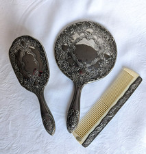 Vintage Vanity Set Silver Plate Hand Mirror Brush Comb 3 Piece Ornate Floral Set