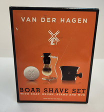 MENS SHAVE SOAP BOAR 4 Piece Luxury Stand Bowl Van Der Hagen New