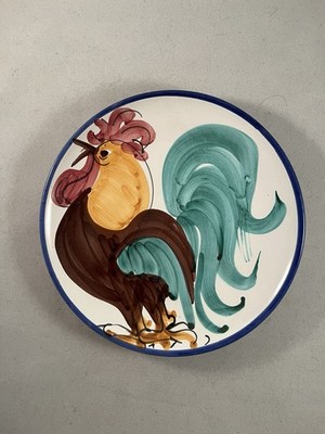 Vietri Rooster Plate Italy Hand Painted Blue Green Brown 7.5 