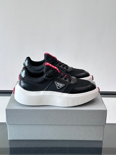 Prada Downtown Bold Low Top Black Nylon Leather Triangle Logo Shoes