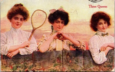 Antique Three Queens Women Tennis Postcard 1908 Handwritten 3 Pretty Girls