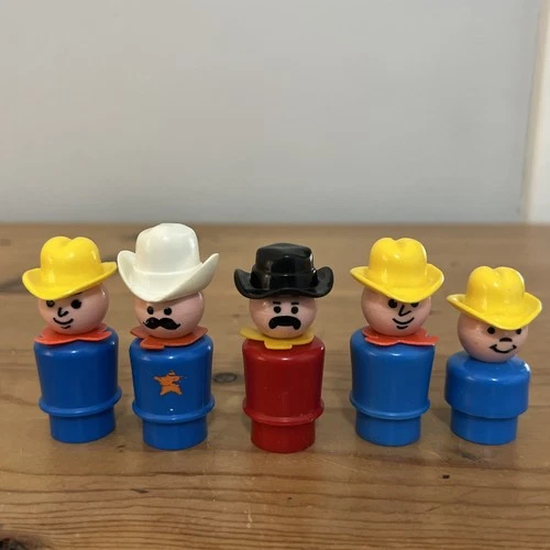 Fisher Price Vintage Little People 5 Wooden Farmer Cowboys Lot