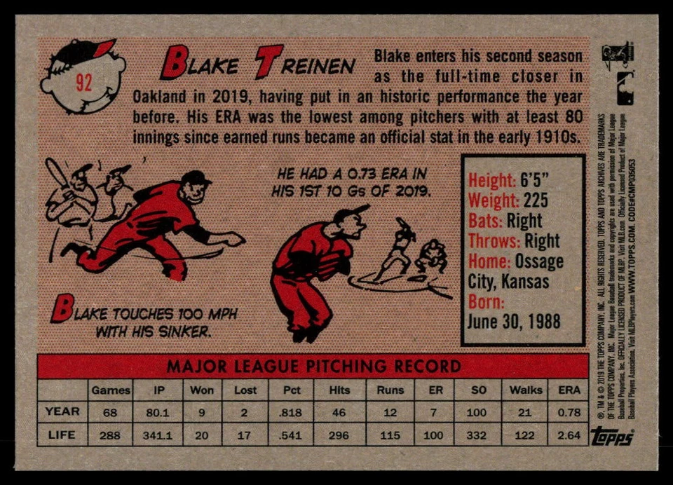 2019 Topps Archives #92 Blake Treinen Oakland Athletics - Image 2 of 2